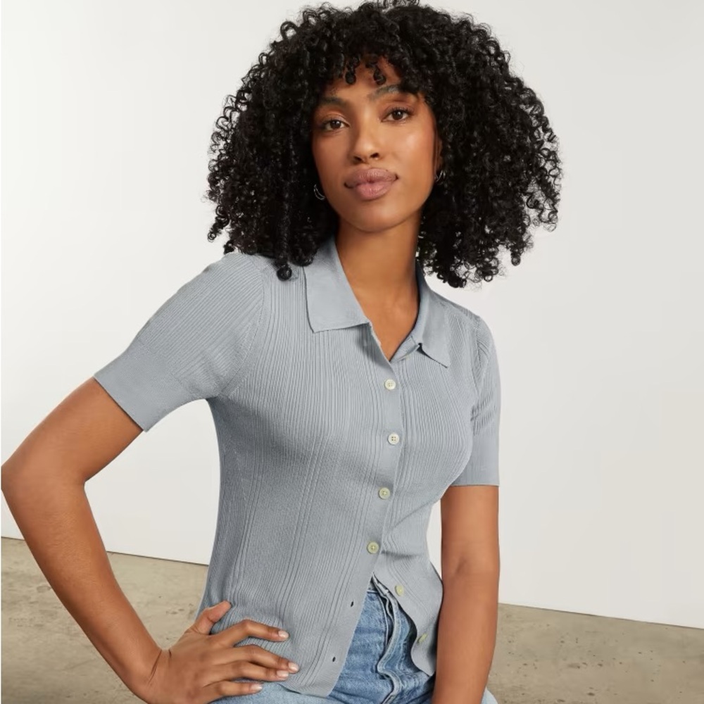 Everlane The Rib Knit Top Women Small Sky Gray Collared Button Up Stretch